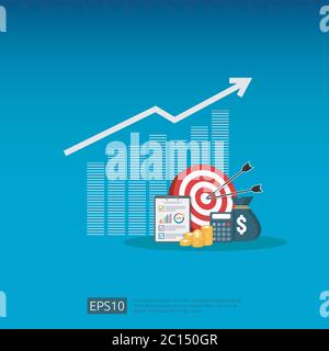 Ritorno sull'investimento concetto di ROI. Freccia di crescita di affari al successo. Dollaro pila monete e sacchetto di soldi. Grafico aumento profitto. Allungamento finanziario Illustrazione Vettoriale