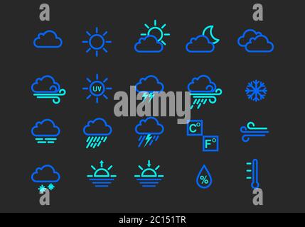 Collezione di icone delle condizioni meteorologiche con due diversi colori a contrasto. Adatto per le icone dei rapporti delle previsioni meteo. Insieme di elementi grafici meteo. Illustrazione Vettoriale