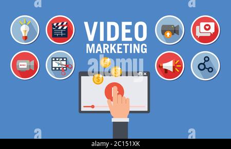 Icona di adesivo piatto da un processo di video marketing per monetizzare un canale video virale. Pacchetto vettoriale icona elemento video. Illustrazione Vettoriale