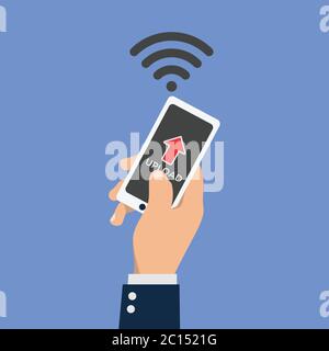 Illustrazione vettoriale mano di un uomo d'affari che carica i dati dal suo smartphone. Perfetto per gli elementi di progettazione del concetto di automazione del lavoro. Illustrazione Vettoriale