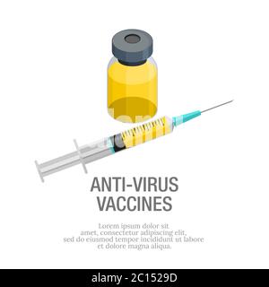 Illustrazione vettoriale del liquido antivirus in flaconi e siringhe. Adatto per elementi di progettazione di attività di immunizzazione. Anticorpi per pazienti. Illustrazione Vettoriale