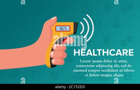 Illustrazione vettoriale dell'uso di un termometro a infrarossi. Adatto per striscioni per la salute, controllare la temperatura corporea con termometro. Illustrazione Vettoriale