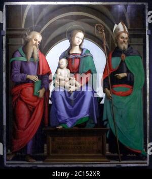 Pietro Vannucci Perugino: Madonna con bambino sul trono e santi Giovanni Evangelista e Agostino Foto Stock