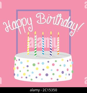 Happy Birthday card con torta di compleanno e candele su sfondo rosa Illustrazione Vettoriale