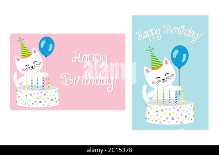 Buona carta di compleanno con gatto e torta per ragazzi e ragazze Illustrazione Vettoriale