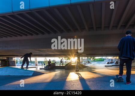 Vienna: skatepark sotto il ponte Reichsbrücke a CopaBeach, skateboarder, tramonto, puddle a causa di un drenaggio non funzionante nel 22. Donaustadt, Wien, Foto Stock