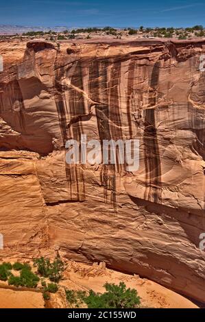 Rovine Antelope House, vernice del deserto su parete, Canyon de Chelly Monument, Riserva indiana Navajo, Arizona, Stati Uniti Foto Stock