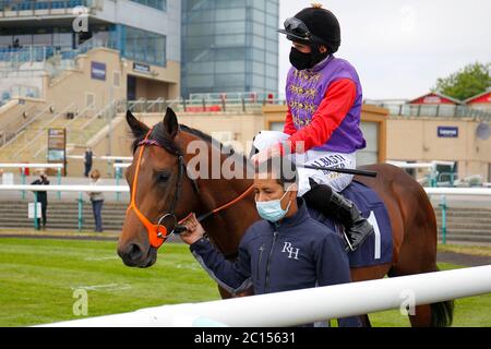 Ryan Moore sulla Queen's Collinsbay prima della Betway British Stallion Stacchs Maiden Stakes all'ippodromo di Doncaster. Foto Stock
