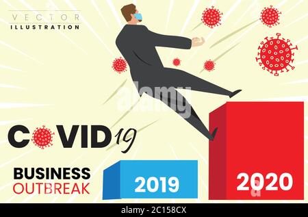 Uomo d'affari che protegge la sua azienda dal concetto di epidemia finanziaria di corona virus. Titolare di un'azienda che detiene un ombrello per proteggere da virus corona. Illustrazione Vettoriale