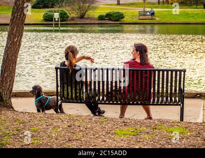 Charlotte, NC/USA - 24 marzo 2019: Due amici che parlano e si rilassano su una panca del parco in una bella giornata al Freedom Park vicino ad un grande stagno di fioritura Foto Stock