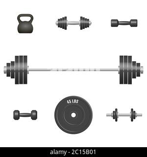 Set di 3D Sport gli elementi di apparecchiature. Elementi di progettazione per la palestra e la sala fitness. Vista frontale, illustrazione vettoriale. Illustrazione Vettoriale