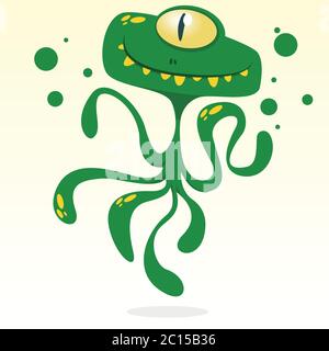Happy cartoon polpo. Vector Halloween mostro verde con un occhio e i tentacoli isolato Illustrazione Vettoriale