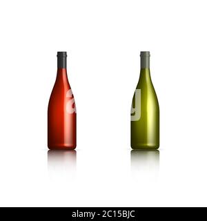 Bottiglie fotorealistiche di rosa e vino bianco. Vista frontale, illustrazione vettoriale. Illustrazione Vettoriale