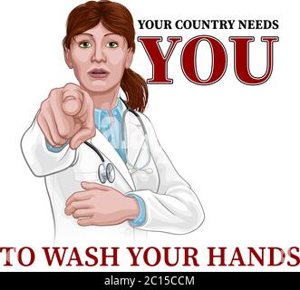 Medico Donna puntamento ha bisogno di lavarsi le mani Illustrazione Vettoriale