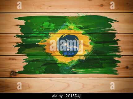 Bandiera del Brasile, grunge, su sfondo di legno. Illustrazione 3D Foto Stock