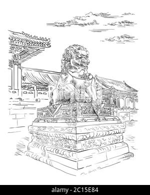 Grande leone di bronzo nella città proibita di Pechino, simbolo della Cina. Illustrazione dello schizzo vettoriale disegnata a mano in colore nero isolato su sfondo bianco. C Illustrazione Vettoriale