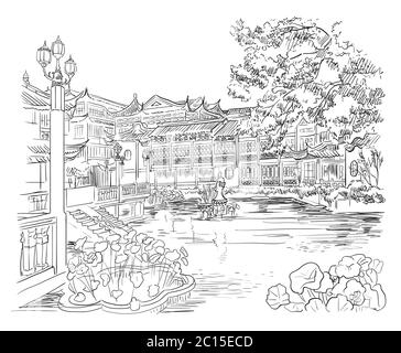 Giardino Yuyuan (Giardino della felicità), Città Vecchia di Shanghai, punto di riferimento della Cina. Illustrazione dello schizzo vettoriale disegnata a mano in colore nero isolato su bianco b Illustrazione Vettoriale