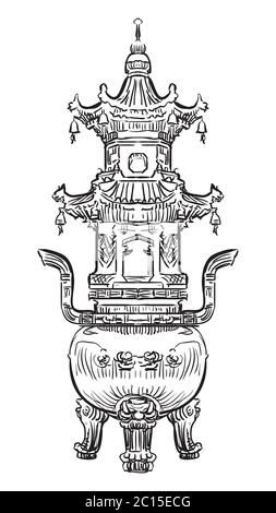 Grande bruciatore di incenso in bronzo nella Pagoda dell'Oca selvaggia gigante a Xi'an, provincia di Shaanxi, punto di riferimento della Cina. Illustrazione dello schizzo vettoriale disegnata a mano in nero Illustrazione Vettoriale