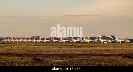 Jetstar e Qantas hanno parcheggiato all'aeroporto di Avalon dopo essere stati messi a terra durante l'imbera COVID-19 (Coronavirus) Foto Stock
