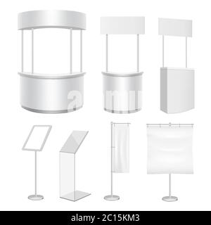 Contatore di promozione bianco Vector e supporto per display, set di mockup banner flag. Illustrazione Vettoriale