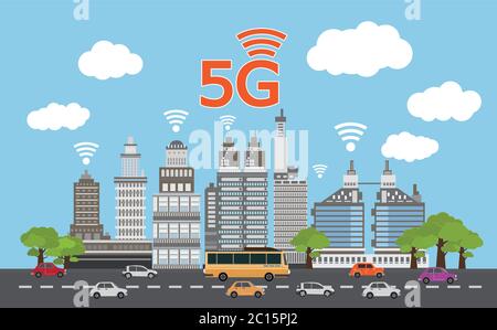 Rete 5G, connessione Internet wifi wireless, Smart City, illustrazione vettoriale Illustrazione Vettoriale