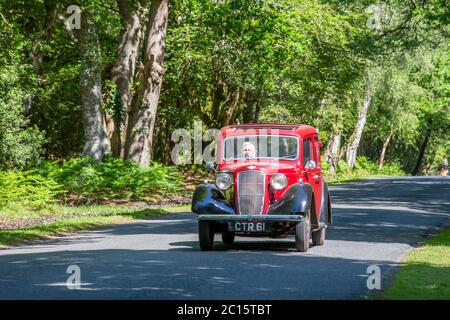 Auto classica Austin Seven Ruby che attraversa la scena boschiva del New Forest National Park, Hampshire, Inghilterra Foto Stock