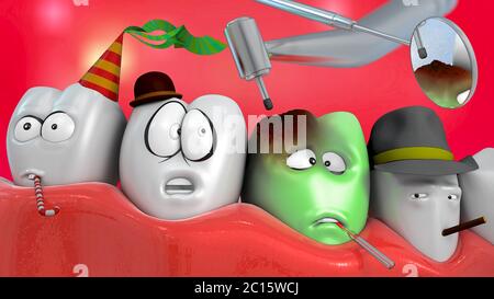 illustrazione 3d del dente comico con trapano dentista e specchio Foto Stock