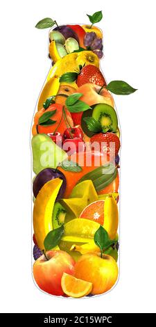 Illustrazione di una bottiglia di succo fatta di un mazzo di frutta diversa Foto Stock