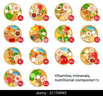 Vitamine, minerali, componenti nutrizionali icone vettoriali piatti. Illustrazione Vettoriale