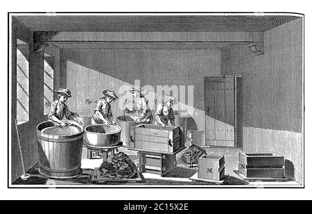 Antica illustrazione di vasi in argilla umida, modellato all'interno di grandi secchi di legno. Pubblicato in 'A Diderot enciclopedia pittorica di mestieri e Indù Foto Stock