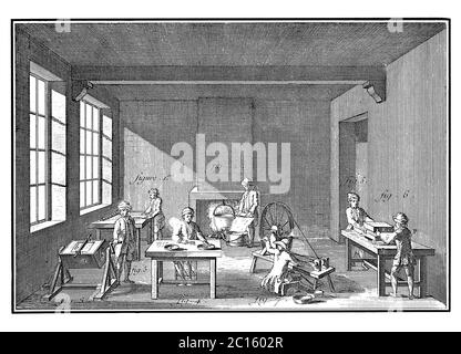 illustrazione del xviii secolo di un laboratorio di aghi. Pubblicato in 'UNA Enciclopedia pittorica Diderot di mestieri e industria. Produzione e la Technica Foto Stock