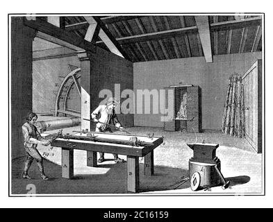 illustrazione del xviii secolo di come due operai legano le aste in fasci per la spedizione. Pubblicato in 'A Diderot enciclopedia pittorica di mestieri e Industri Foto Stock