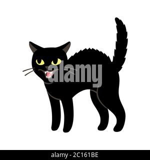 Arrabbiato gatto nero sibilo e minaccioso con arco schiena e pelliccia in piedi. Semplice disegno cartoon, immagine vettoriale isolata clip art. Illustrazione Vettoriale