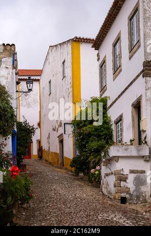 Óbidos, Portogallo - famosa destinazione turistica per la sua architettura e la sua storia - Case tradizionali dai colori vivaci con fiori Foto Stock