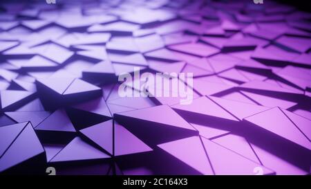 Rendering 3D di triangoli poligonali o piastrelle metallizzate in rilievo, inframmilito, strappato e diviso, viola colorato lucido, futuristico illustrazione astratta Foto Stock