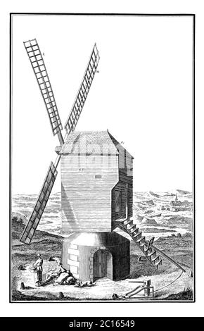 illustrazione del xviii secolo di un mulino a vento. Pubblicato in 'UNA Enciclopedia pittorica Diderot di mestieri e industria. Produzione e le arti tecniche i Foto Stock