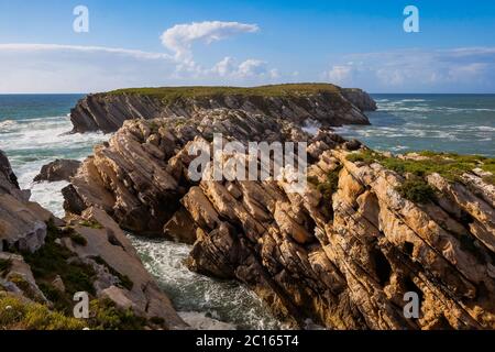 Baleal, Portogallo - formazioni rocciose sulle acque dell'Oceano Atlantico con vegetazione salata Foto Stock