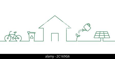 Casa eco-compatibile. Casa, bicicletta, cestino, pannello solare, pianta. Concetto di vita verde. Vai idea verde. Riciclaggio. Icone con linee sottili. Vettore, piatto Illustrazione Vettoriale