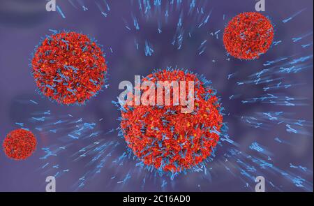 3d illustrazione degli anticorpi del virus attaccano cellula nel flusso sanguigno Foto Stock