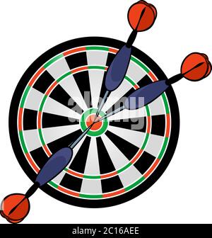 Cartoon dartboard con freccette che colpiscono nel bersaglio su sfondo bianco Illustrazione Vettoriale