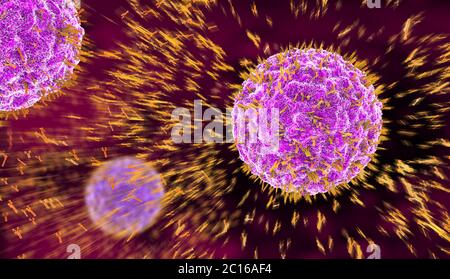 3d illustrazione degli anticorpi del virus attaccano cellula nel flusso sanguigno Foto Stock