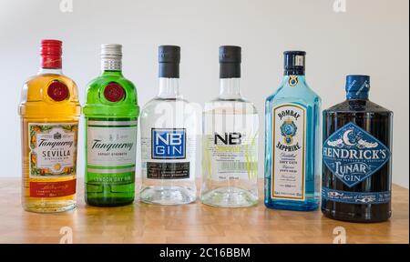 Varietà di bottiglie di marca gin: Tanqueray Sevilla, Tanqueray esportazione forza, NB marina forza, NB samphire, Bombay Sapphire & Hendrick's Lunar gin Foto Stock