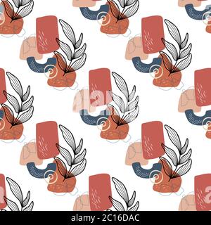 Motivo senza cuciture con elementi floreali e forme astratte in colori tenui. Illustrazione vettoriale per inviti, stampe, carta da imballaggio, biglietti d'auguri Illustrazione Vettoriale