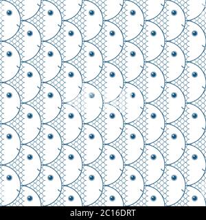 Modello vettoriale senza giunture con carini pesci blu su sfondo bianco Illustrazione Vettoriale