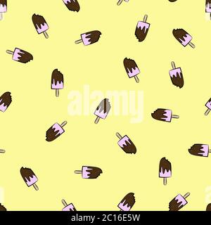 Modello vettoriale senza giunture con gelato rosa con salsa al cioccolato e cospargere sulla parte superiore Illustrazione Vettoriale