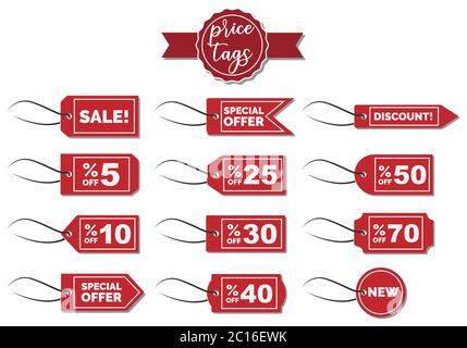 Tag prezzo o vendita e etichette modello vettore set con tassi di sconto Illustrazione Vettoriale