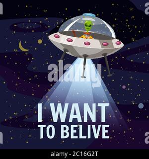 Poster UFO. Voglio credere. Piatto volante, alieno, stile cartone animato Foto Stock