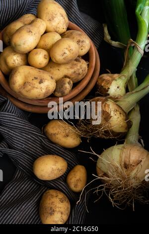 Patate crude e cipolla matura, ingredienti sani di cibo country Foto Stock