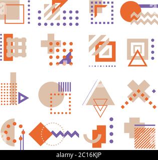 Forme ed elementi geometrici vettoriali, colorati, decorativi, in arancione e viola su sfondo bianco. Illustrazione Vettoriale