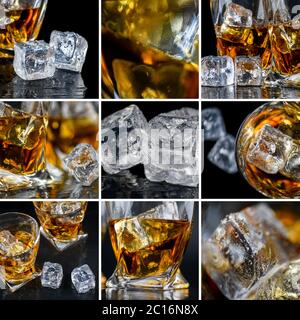 Collage con bicchieri whiskey o altro alcool, cubetti di ghiaccio al buio Foto Stock